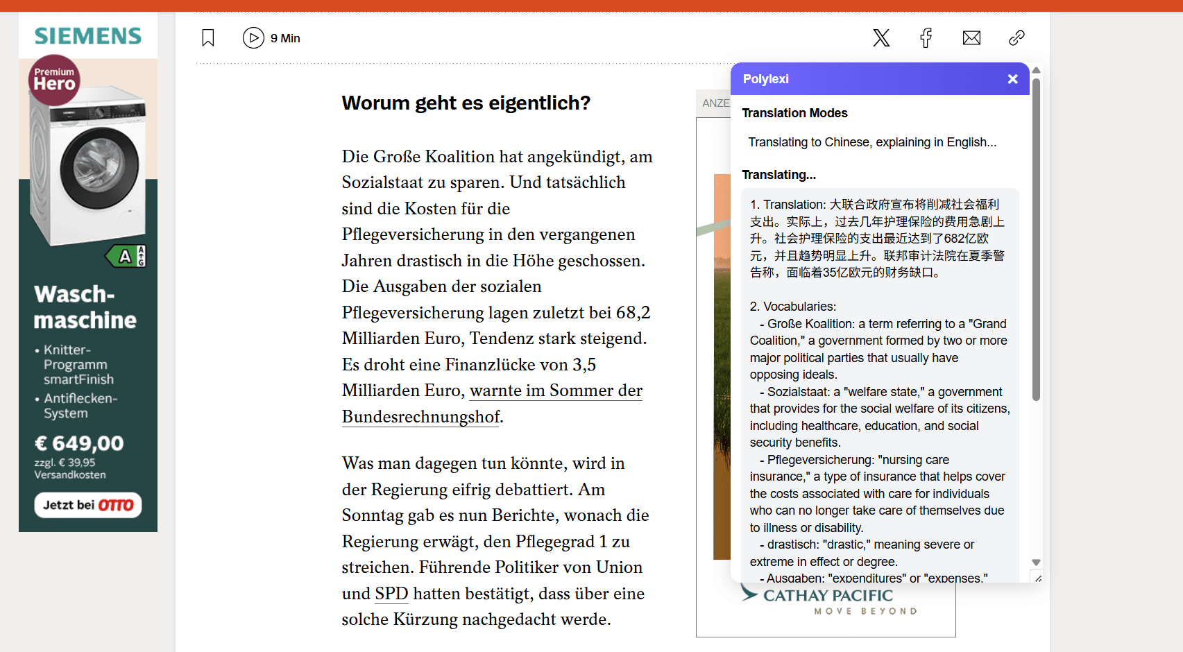 Screenshot of translating news into another language with grammar notes